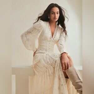 Luxury Boho Gypsy Lace Tiered Maxi Dress – Long Sleeve Cottagecore Cream